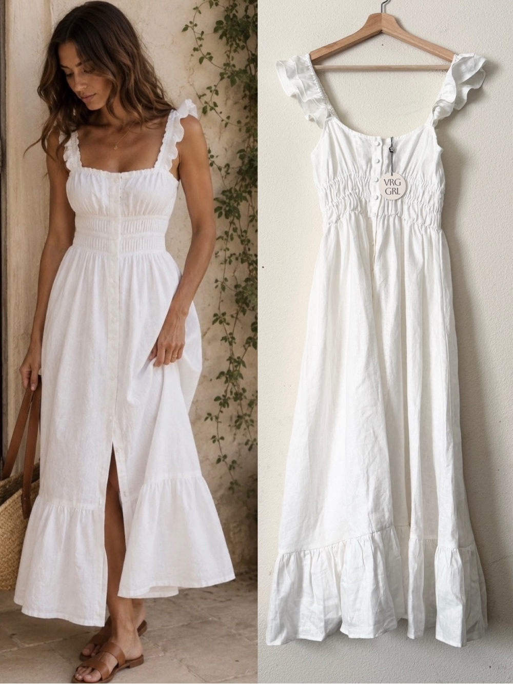 NWT VRG GRL SIZE 8 smocked 100% linen coastal white button up maxi dress
